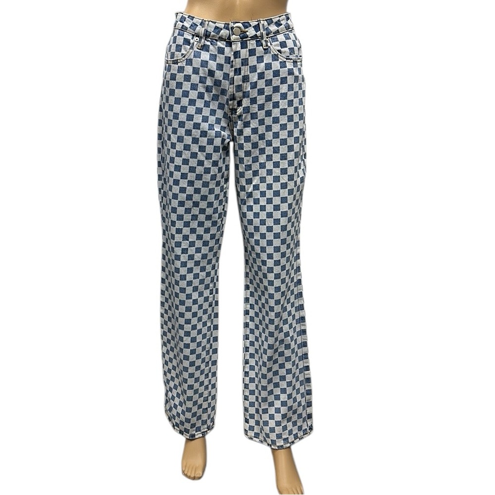 Tiger Mist Wide Leg High Waist Blue White Checkered 4 Pocket Denim Jeans Small